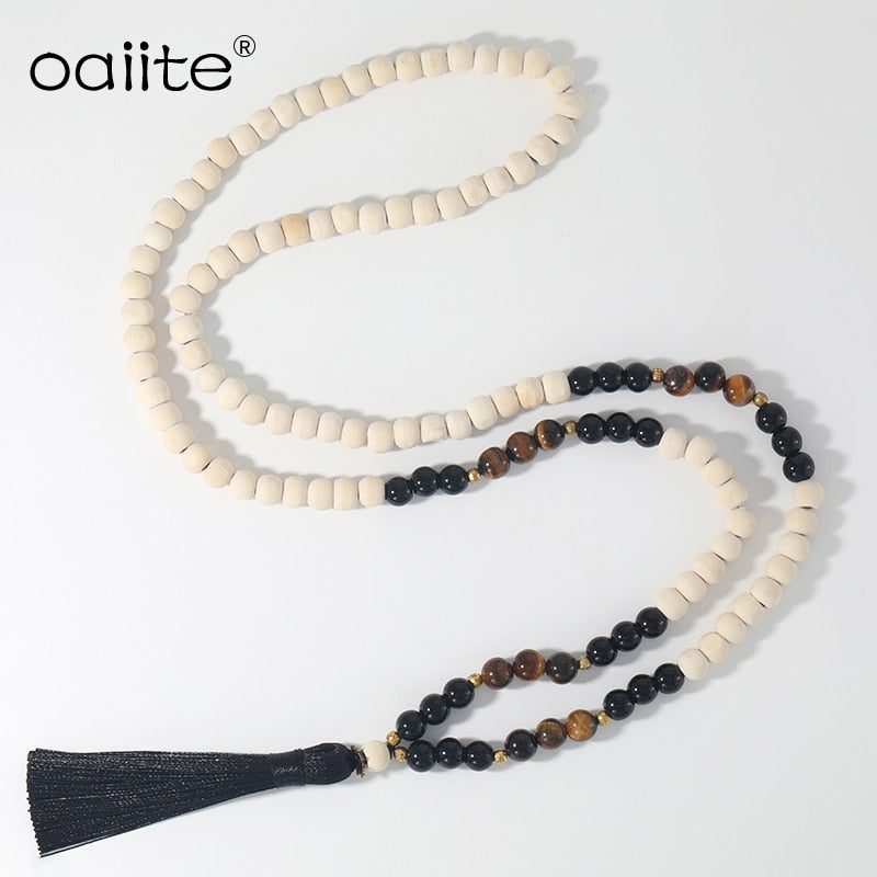 Tiger Eye Wood Mala Bead Necklace Multicolor Tassel Meditation Yoga Energy