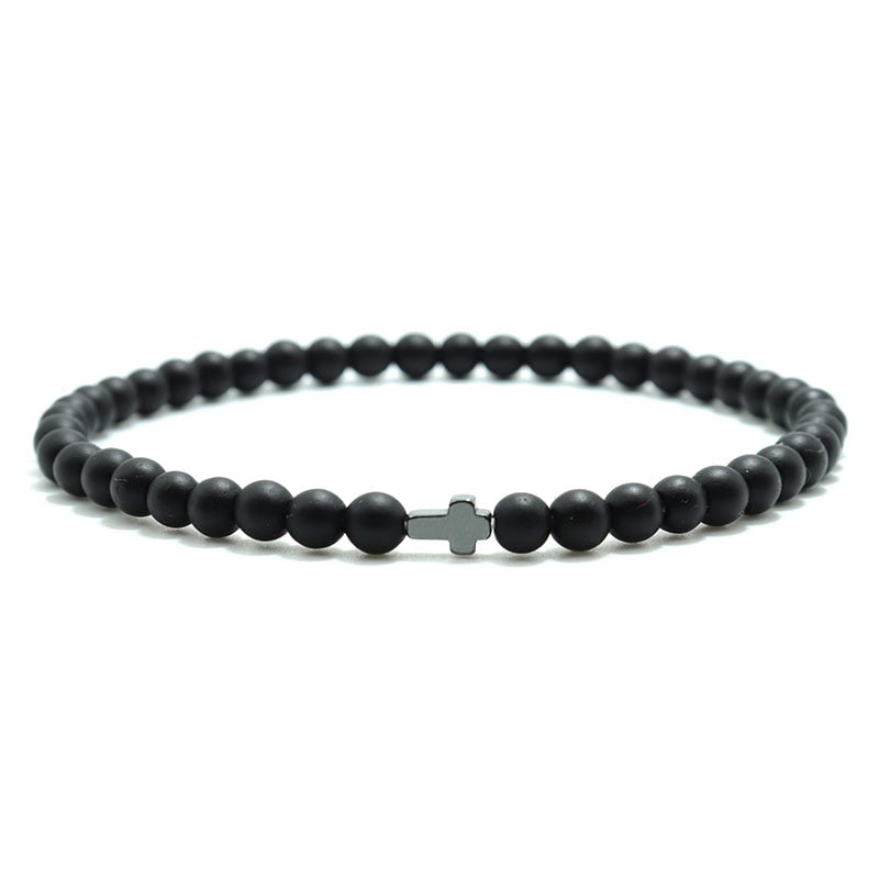 4mm Small Natural Stone Beaded Cross Bracelet Tiger Eye Hematite Mala Jewelry