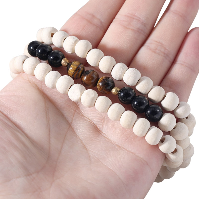 Tiger Eye Wood Mala Bead Necklace Multicolor Tassel Meditation Yoga Energy