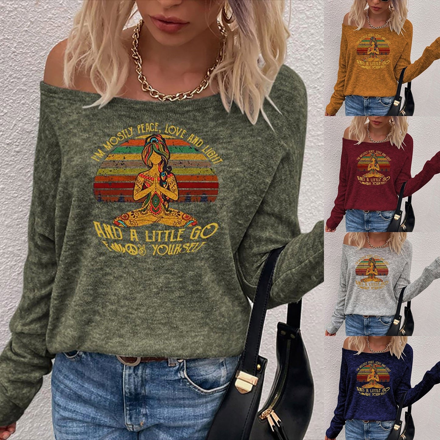 Off Shoulder Women Printed Sweater Long Sleeve Sweater / Oversized Pullover