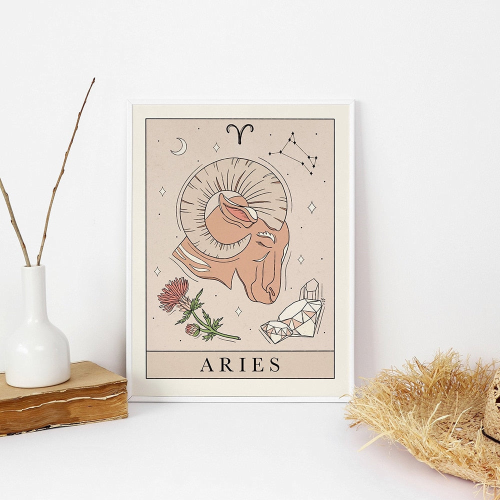 Bohemian Zodiac Art Print Canvas Tarot Cards Inspired Astrology Wall Decor