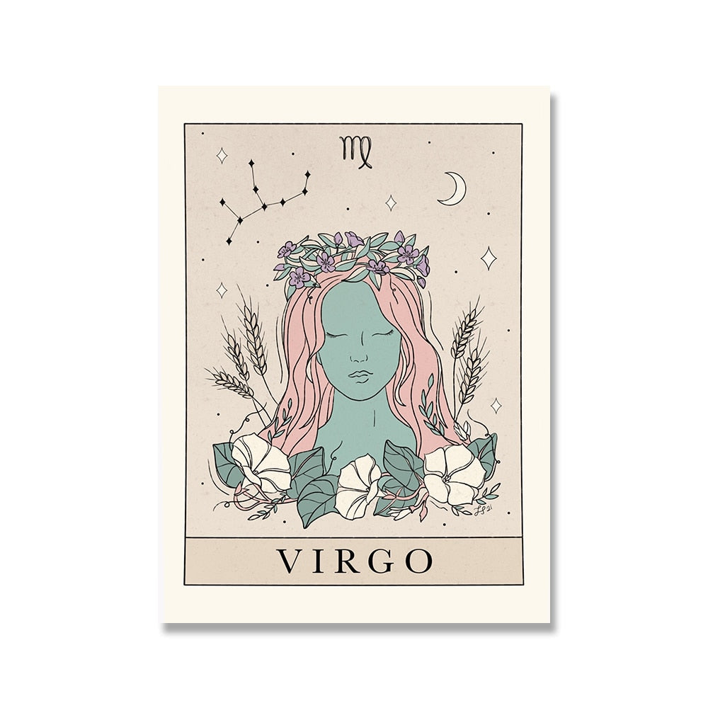 Bohemian Zodiac Art Print Canvas Tarot Cards Inspired Astrology Wall Decor