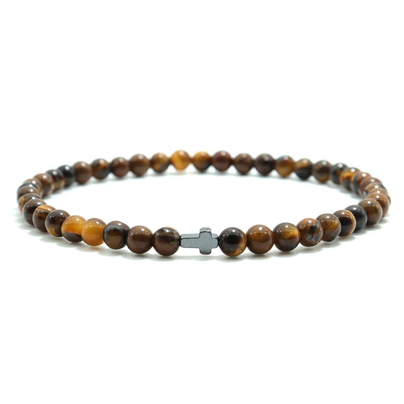 4mm Small Natural Stone Beaded Cross Bracelet Tiger Eye Hematite Mala Jewelry