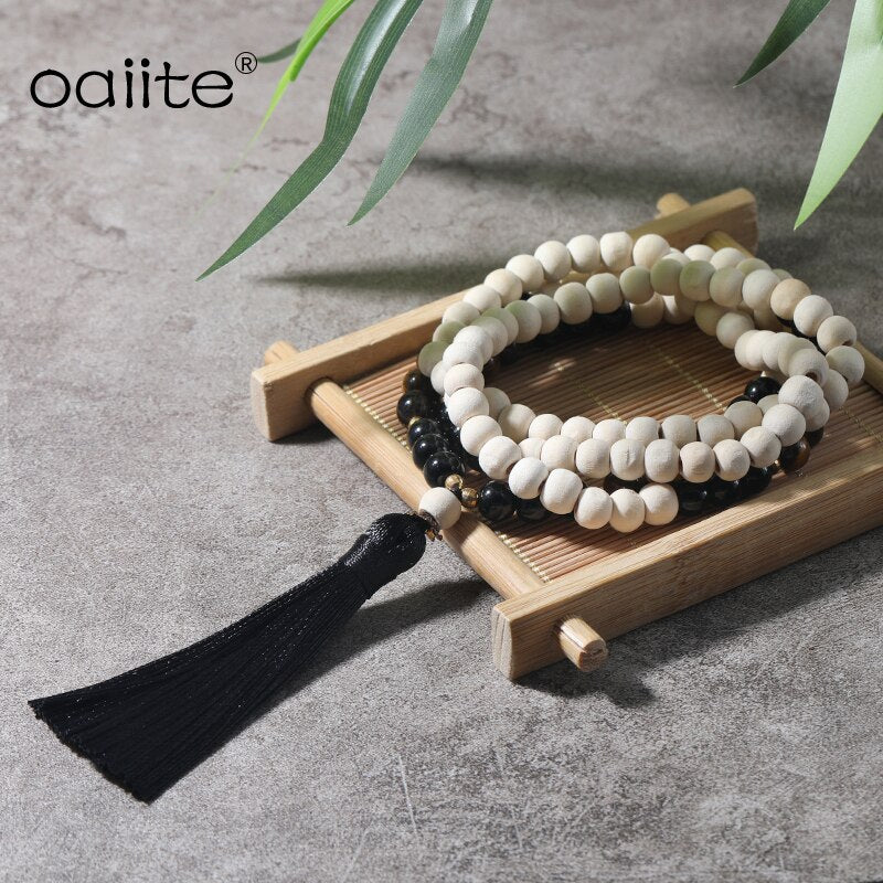 Tiger Eye Wood Mala Bead Necklace Multicolor Tassel Meditation Yoga Energy
