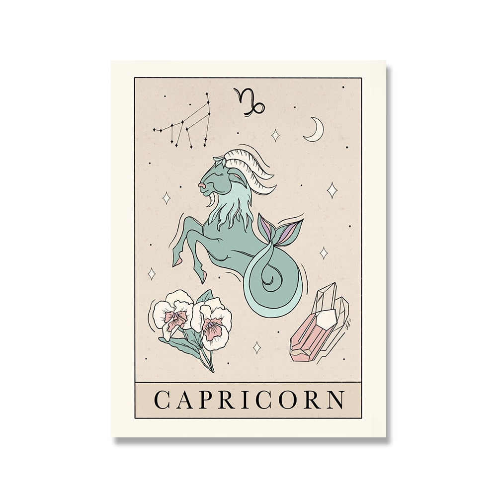 Bohemian Zodiac Art Print Canvas Tarot Cards Inspired Astrology Wall Decor