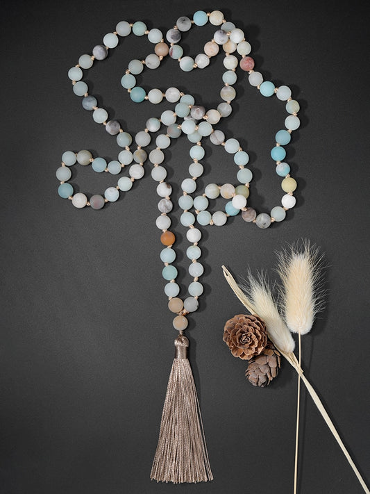 OAIITE 108 Mala Bead Frosted Amazonite with Tassel Yoga Meditation Necklace