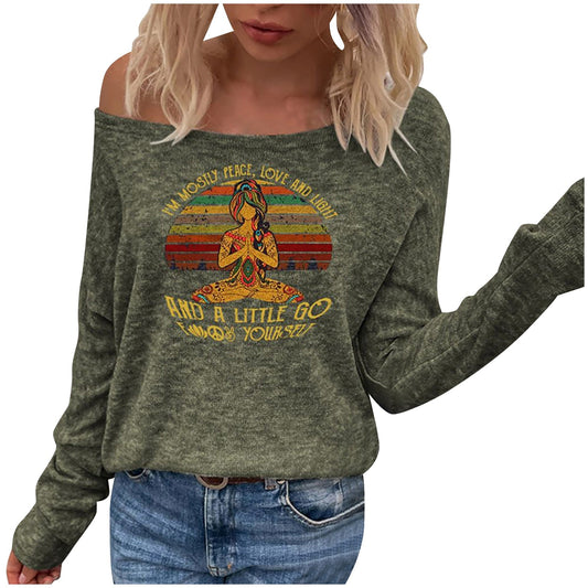 Off Shoulder Women Printed Sweater Long Sleeve Sweater / Oversized Pullover