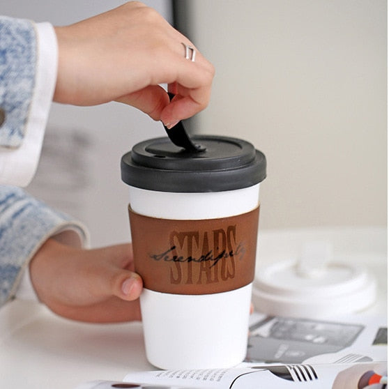 Ceramic Coffee Mug with Lid Leather Travel Cup Keep Warm Cup freeshipping - Mandala Bloom