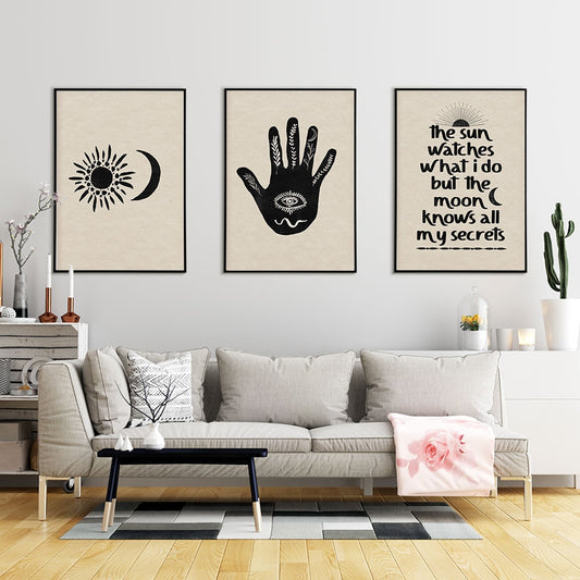 Abstract Poster Boho Canvas Eyes In Hands Sun Moon Beige And Black Quote Painting Retro Art Print