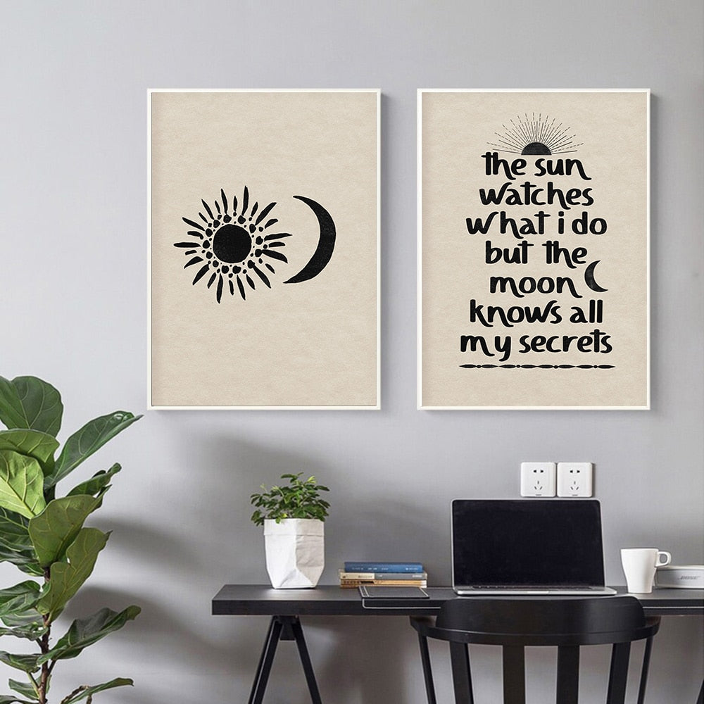 Abstract Poster Boho Canvas Eyes In Hands Sun Moon Beige And Black Quote Painting Retro Art Print