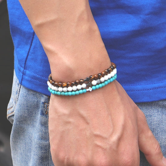 4mm Small Natural Stone Beaded Cross Bracelet Tiger Eye Hematite Mala Jewelry