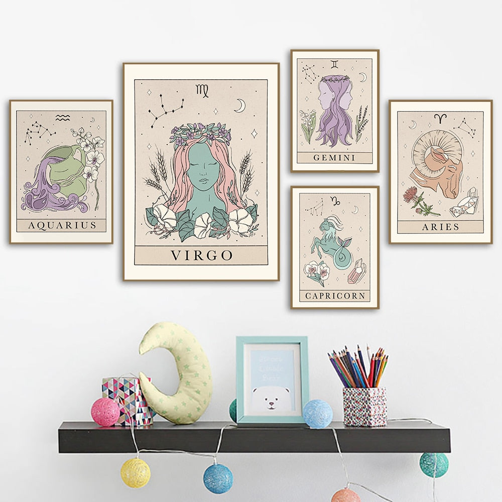 Bohemian Zodiac Art Print Canvas Tarot Cards Inspired Astrology Wall Decor