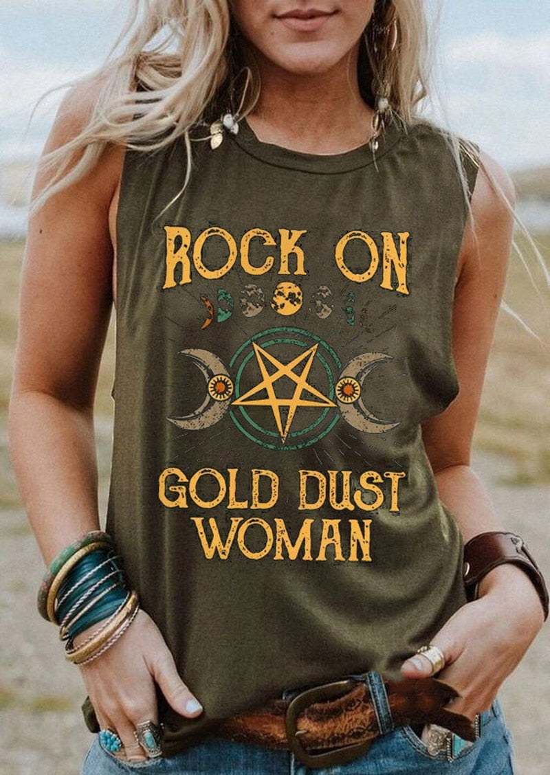 Rock on Gold Dust Woman print sleeveless tank