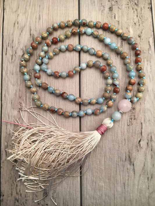 Aqua Terra Jaspers Hand Knotted 108 Mala Bead Necklace freeshipping - Mandala Bloom