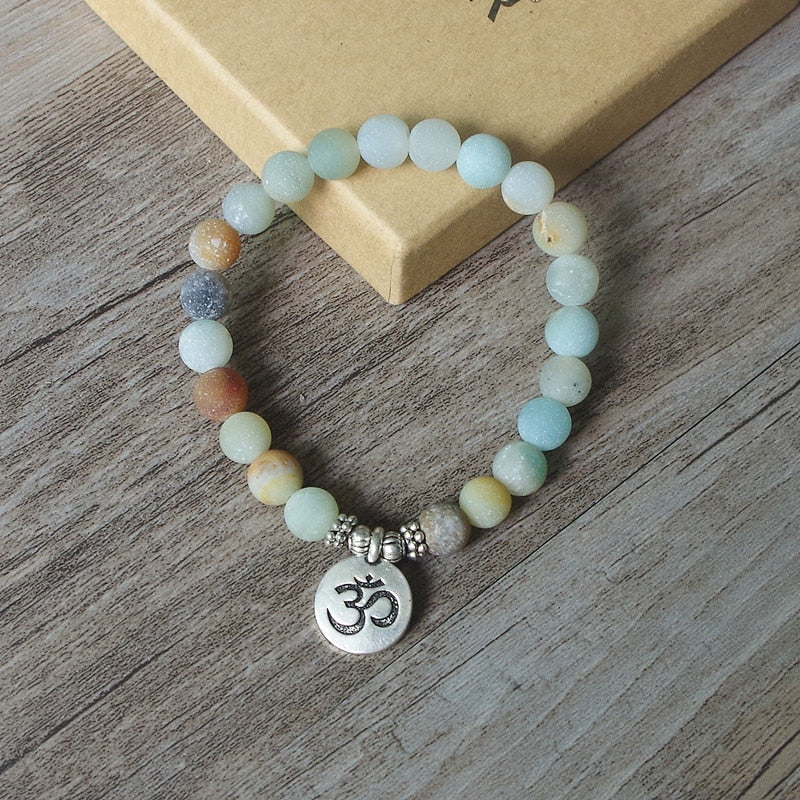 Matte Amazonite Stone Strand Bracelet Yoga Chakra Mala Bracelet OM Lotus