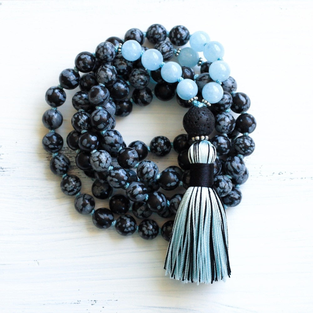 Natural Stone 108 Mala Bead Necklace Snowflake Blue with Tassel freeshipping - Mandala Bloom