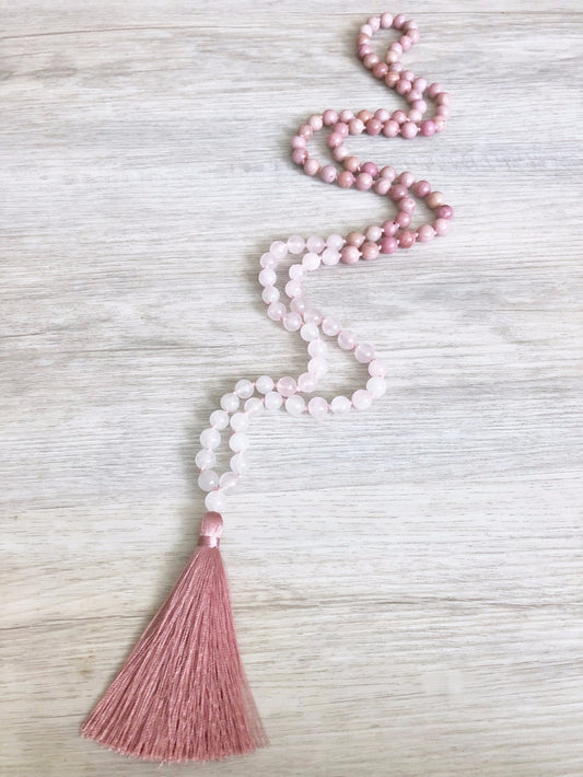 Rhodonite & Rose Quartz 108 Mala Bead Hand Knotted Necklace with Tassel freeshipping - Mandala Bloom