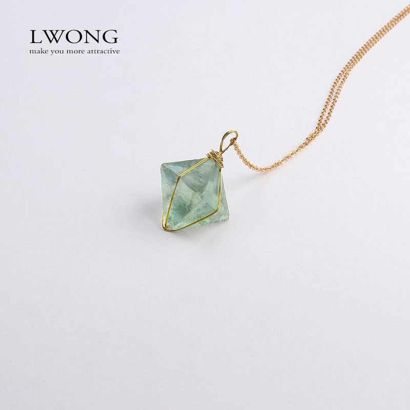 Golden Wire Wrapped Octahedron Green Fluorite Pendant Necklace Natural Stone Jewelry Healing Chakra Gem Necklace freeshipping - Mandala Bloom