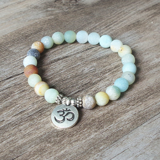 Matte Amazonite Stone Strand Bracelet Yoga Chakra Mala Bracelet OM Lotus