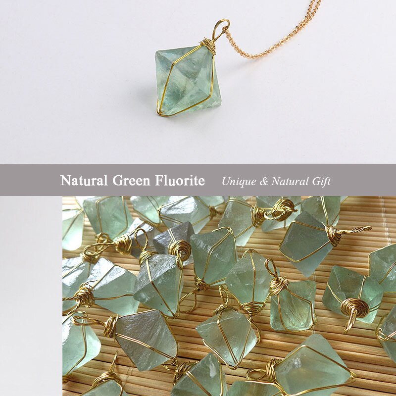Golden Wire Wrapped Octahedron Green Fluorite Pendant Necklace Natural Stone Jewelry Healing Chakra Gem Necklace freeshipping - Mandala Bloom