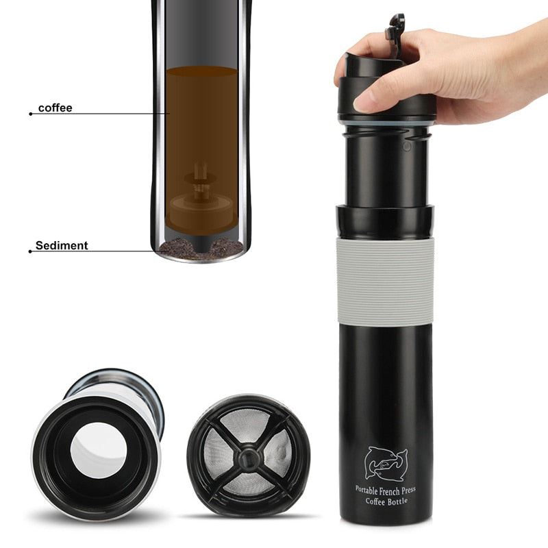 Portable French Press Coffe Bottle Plastic Outdoor Vacuum Coffee Plunger Filter Coffee Cup Travel Coffee Mug for Coffee 300ml freeshipping - Mandala Bloom