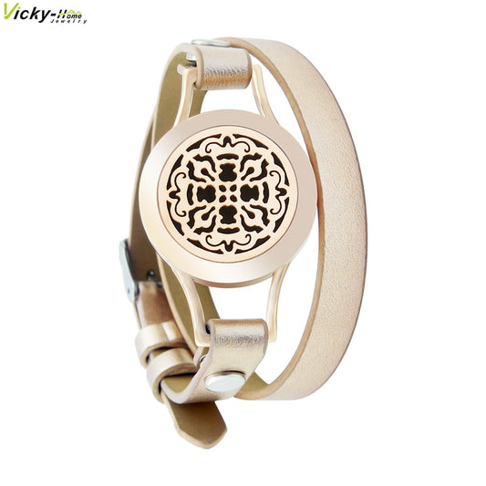 25mm Diffuser Magnet Rose Gold Genuine Leather Aroma Locket Bangle Stainless Steel Essential Oils Aromatherapy Locket Bracelet freeshipping - Mandala Bloom