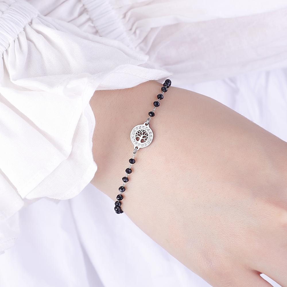 Clear Crystal Tree Of Life Charms Bracelet Stainless Steel Black Beads freeshipping - Mandala Bloom